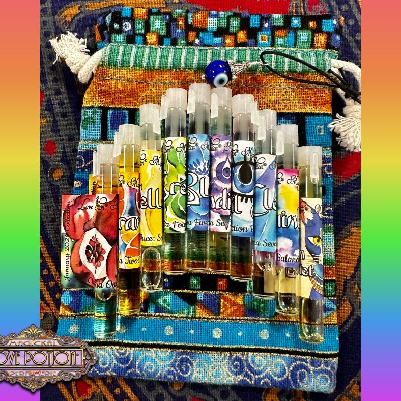 Chakra inspired trial vial oil perfumes for spiritual alignment sold as a 10-pack.