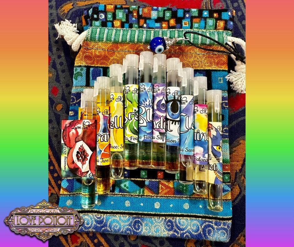 Chakra inspired trial vial oil perfumes for spiritual alignment sold as a 10-pack.