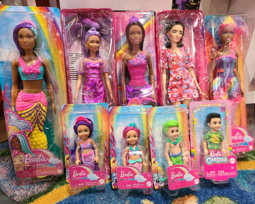 Some of our mermaid Barbies featuring a variety of hair colors and skin tones.