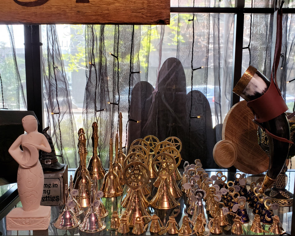 Bells in many styles and sizes on display in the shop.