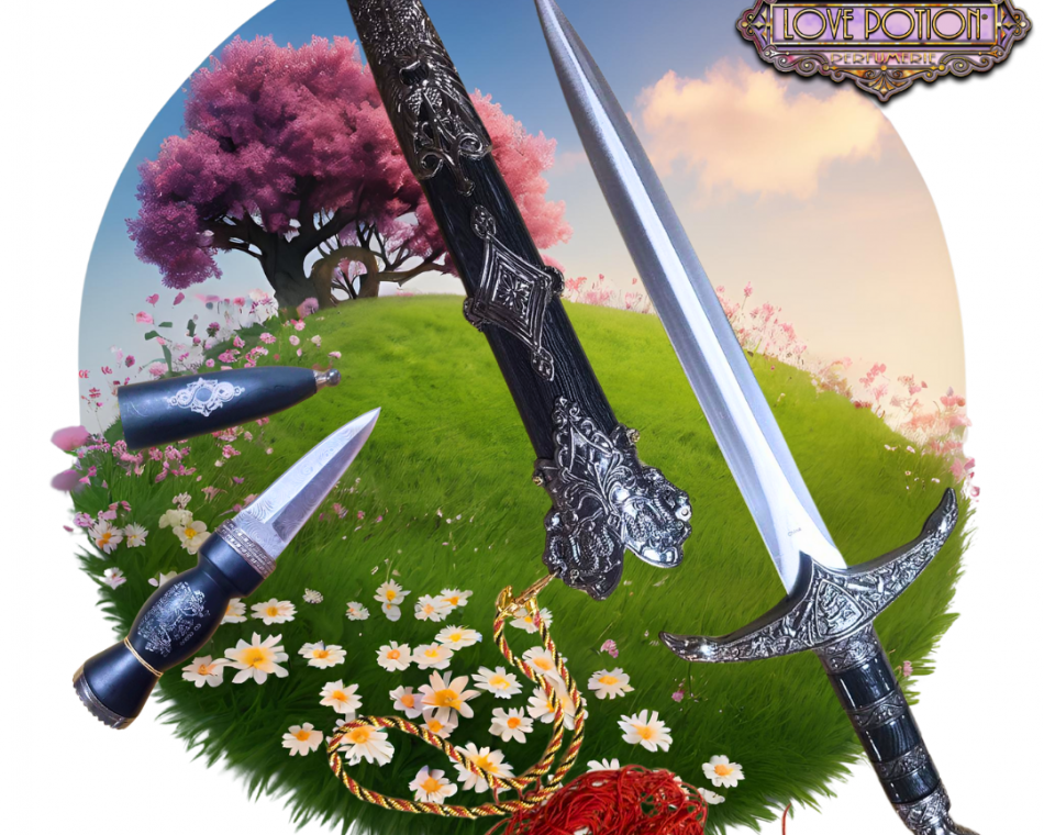 A small black dagger and a small sword with a red tassel. A grassy hill is seen in the background.