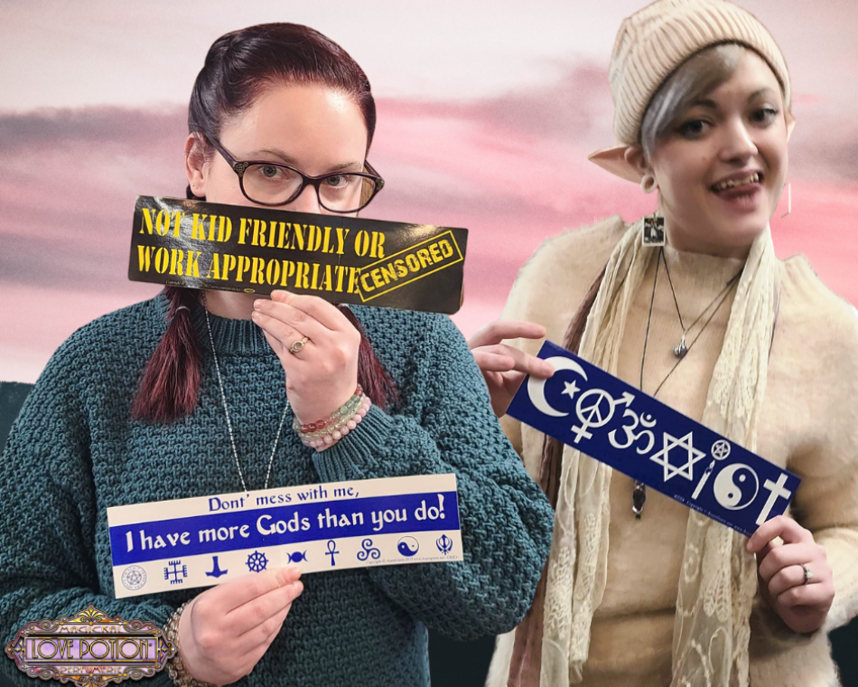 Kimi and Jeanna holding bumper stickers on display for purchase near the earthenware section.