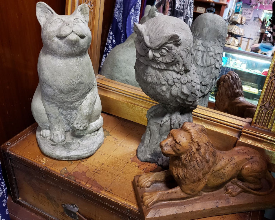 Cemented Familiar Animal Statues: Owls and Cats.