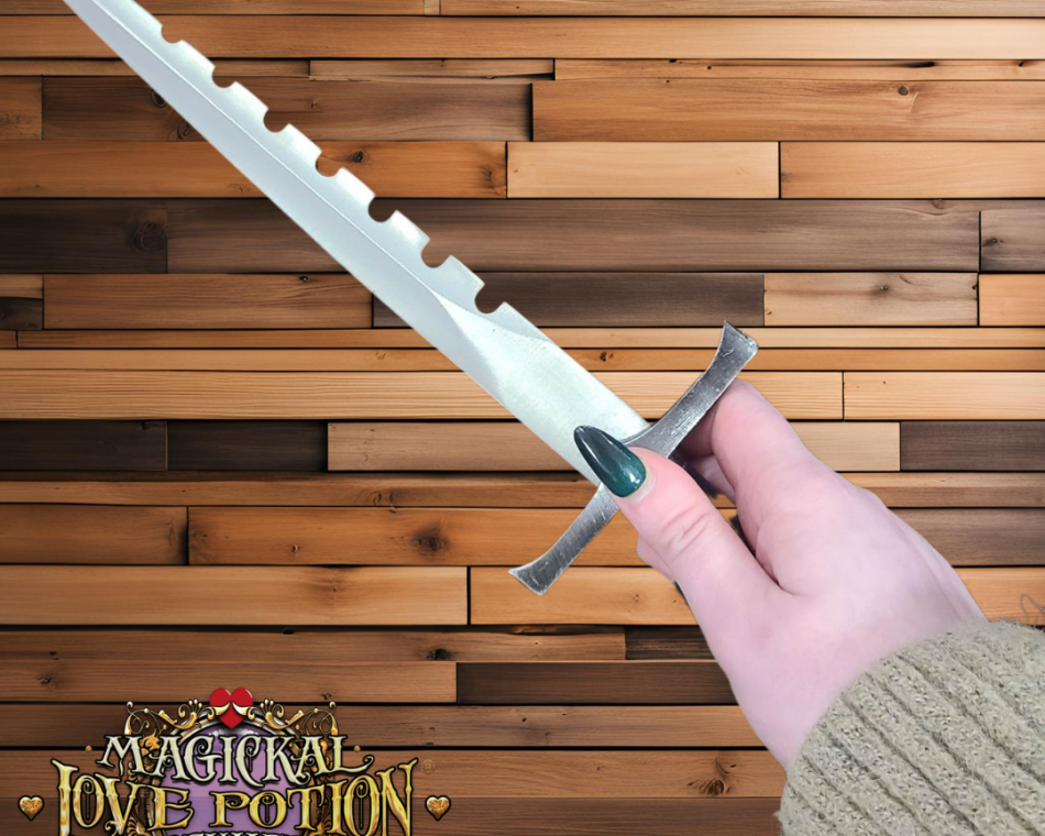This image depicts an individual holding a dagger with a serrated blade against a wooden backdrop.