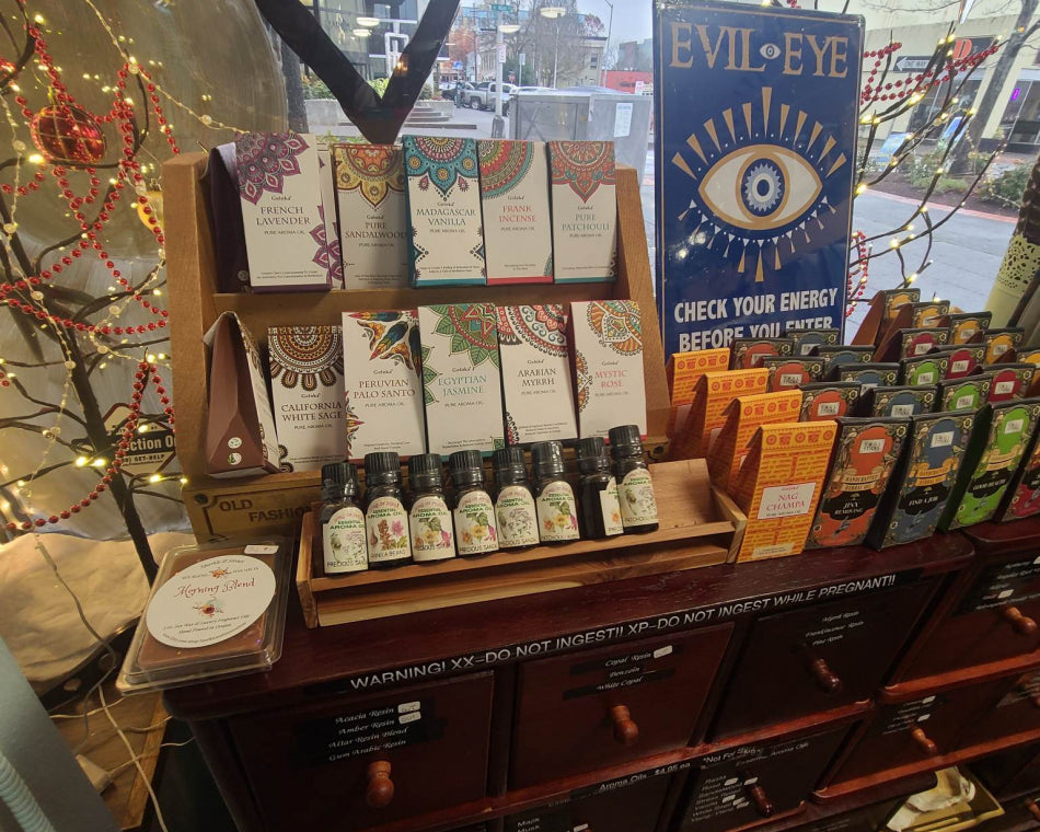 This image shows the display above our Herb Cabinet with Home Essential Oils.