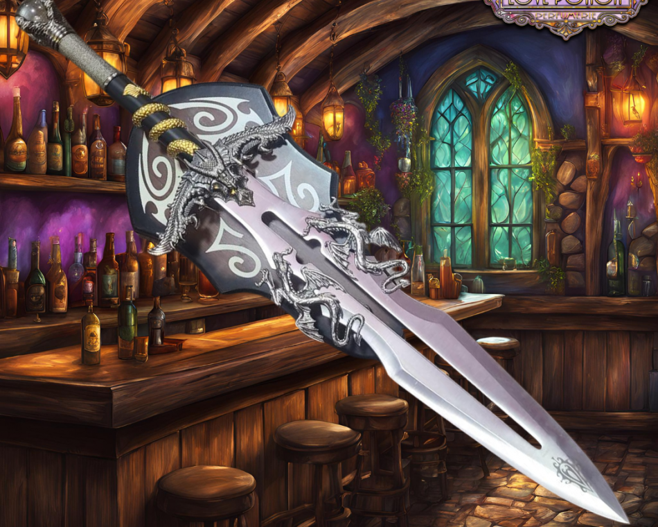 A blade with silver dragons and a gold and black handle. A fantasy pub is seen in the background.