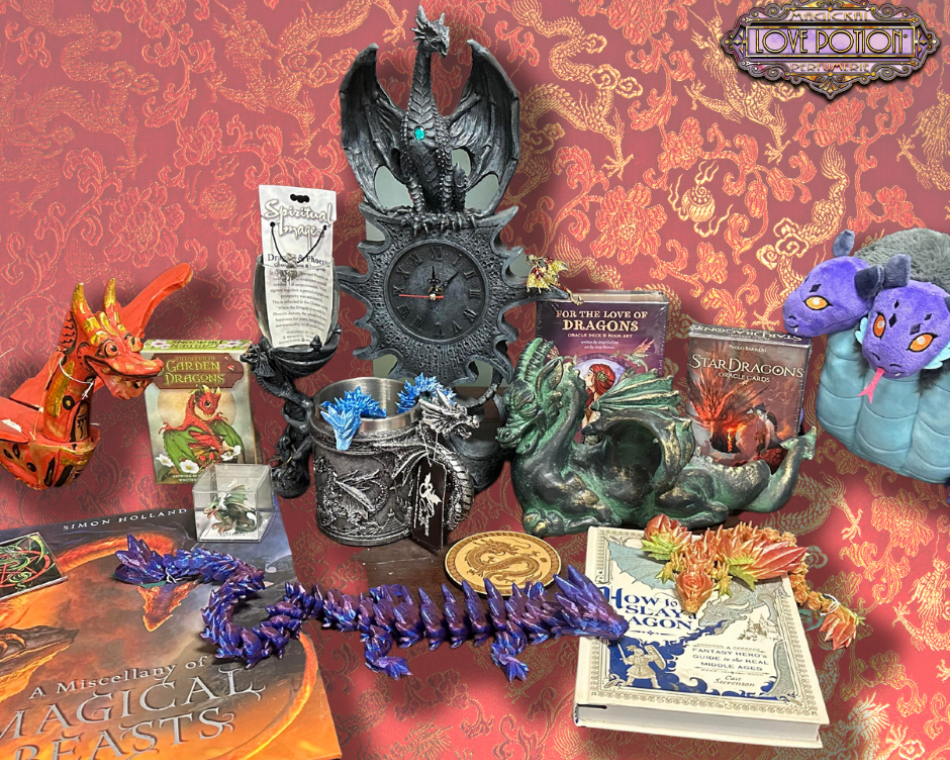 A collection of dragon figurines, jewelry, decorations, and plushies.