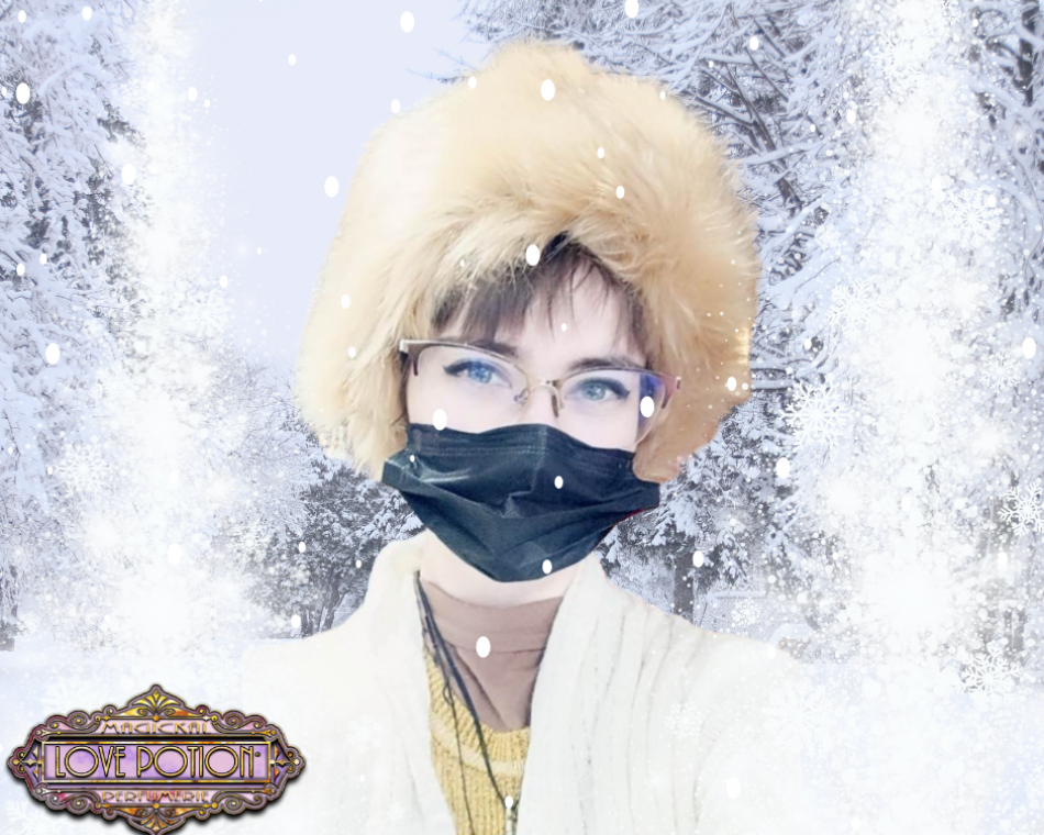 Val wears a light brown and white faux fur headband for warmth during snowy weather.