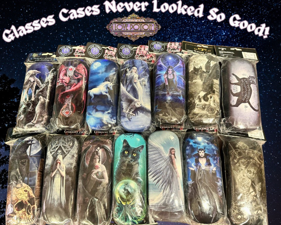 Magical gothic glasses cases featuring fantasy ladies, angels, and cats.