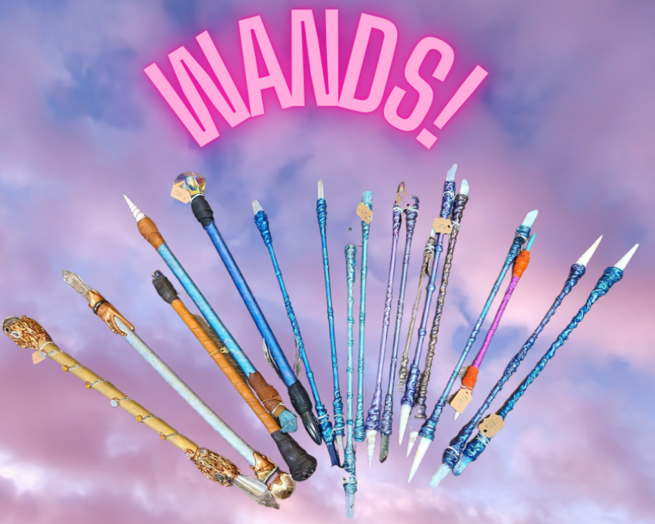 Unique, handcrafted wands that come in a variety of colors and styles, tipped with crystals.