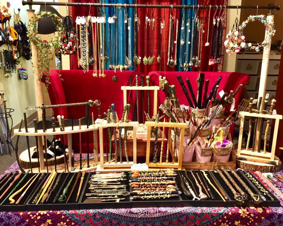 A variety of wands, amulets, and crowns. Our store is the go-to destination for all wizards and witches
