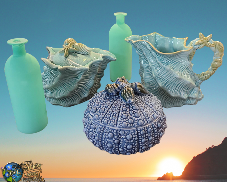 Examples of some of our fun, unique items for sale: sea foam green glass bottles and a blue seashell tea set for mermaids!