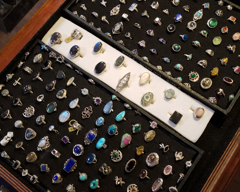 One of our many ring drawers featuring a variety of gemstone rings.