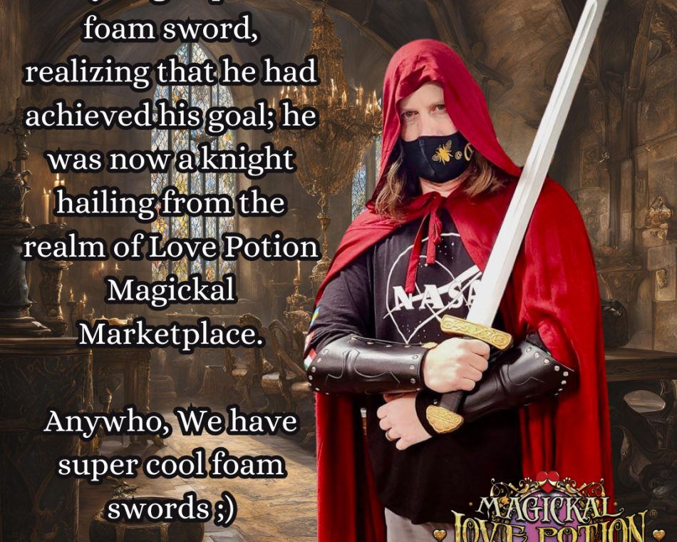 An employee in a red cloak brandishing one of our foam swords.