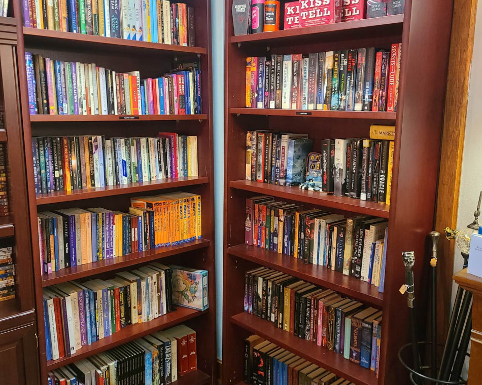 Stunning bookshelves adorn this cozy corner of the shop, filled with used books, games, and more.