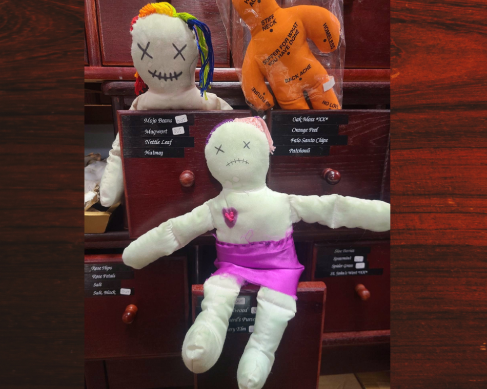 A small selection of our voodoo dolls. We also have handmade dolls and more "To the point" dolls.