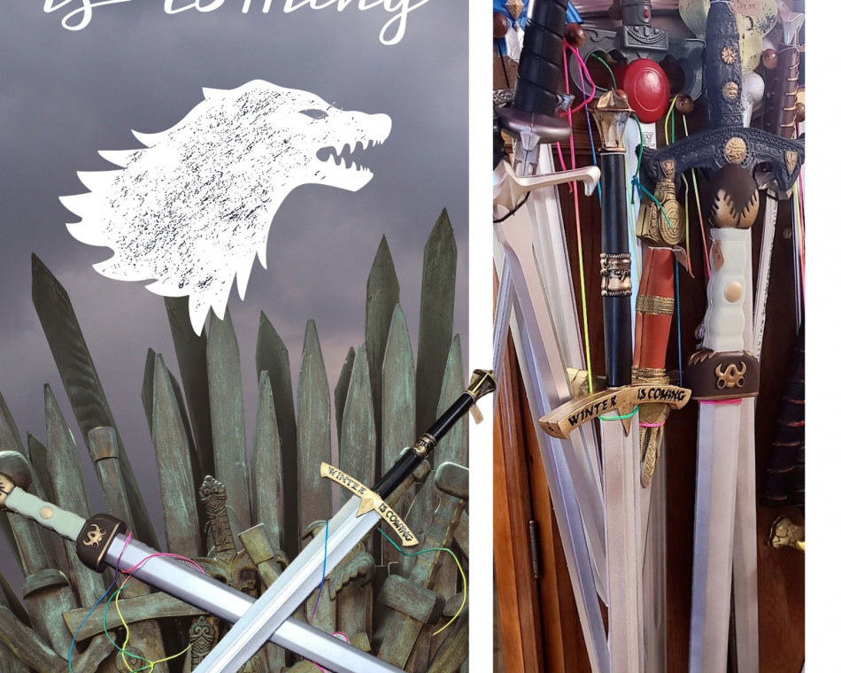 A case filled with swords, the House Stark logo, crossed swords, and the phrase "Winter is coming".