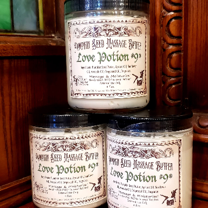 Tower of Love Potion #9 Massage Butter jars in the Magickal Marketplace shop.