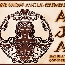 Love Potion AJA label featuring African Goddess illustration on parchment background.