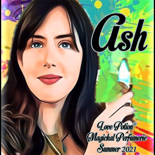 Image of perfume label featuring stylyzed photo of a woman on a multicolored splash painted background.