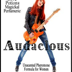Love Potion product label featuring long haired young woman posing with an electric guitar.