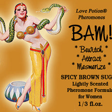 Love Potion: BAM pheromone label featuring pinup of woman dancing with a snake.