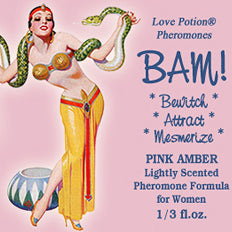 Love Potion: BAM pheromone label featuring pinup of woman dancing with a snake.