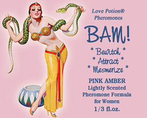Love Potion: BAM pheromone label featuring pinup of woman dancing with a snake.