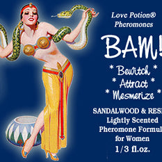 Love Potion: BAM pheromone label featuring pinup of woman dancing with a snake.