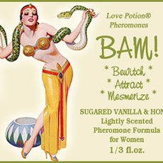 Love Potion: BAM pheromone label featuring pinup of woman dancing with a snake.