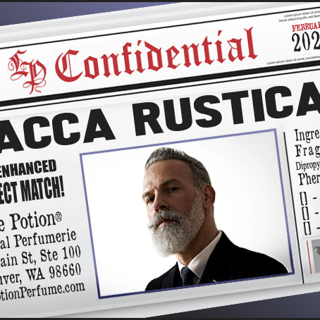 Image of Perfume Label featuring stylized newspaper headline with picture of a man. Feb 2021 Collection.