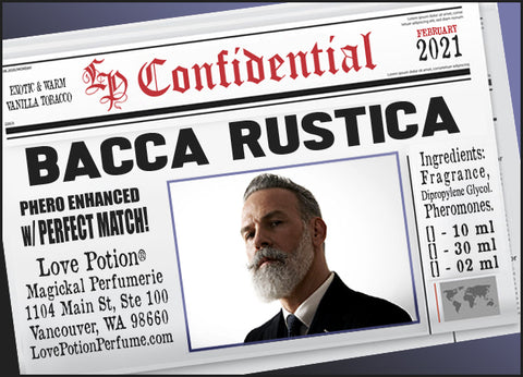 Image of Perfume Label featuring stylized newspaper headline with picture of a man. Feb 2021 Collection. 
