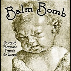 Love Potion Balm Bomb pheromone label featuring amusing illustration of a crabby baby. Artwork by Albrecht Durer, 1521 ~ "The Weeping Cherub"