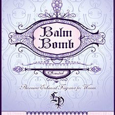 Love Potion: Balm Bomb perfume label, featuring fancy text on a lavender background.