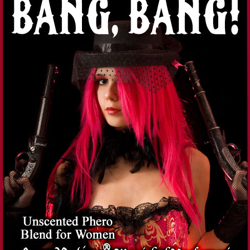 Image of product label featuring a photograph of a woman dressed in sexy old west saloon clothes holding 2 antique guns.