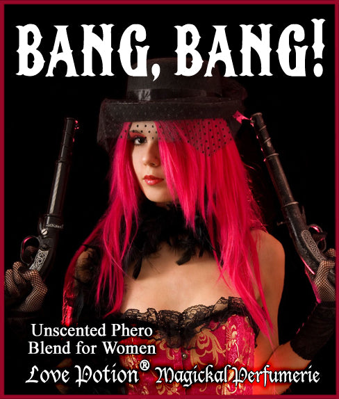Image of product label featuring a photograph of a woman dressed in sexy old west saloon clothes holding 2 antique guns.