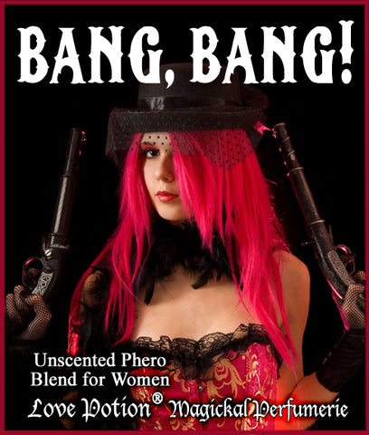 Image of product label featuring a photograph of a woman dressed in sexy old west saloon clothes holding 2 antique guns. 