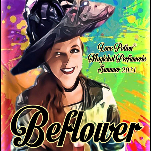 Image of perfume label featuring stylyzed photo of a woman on a multicolored splash painted background.
