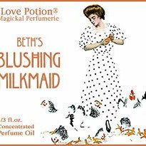 Love Potion Blushing Milkmaid label featuring young farm woman feeding chickens, by artist Coles Phillips.
