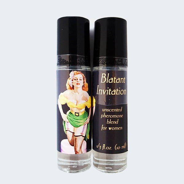 Roll-on unscented pheromone bottles with Blatant Invitation pheromone mix.