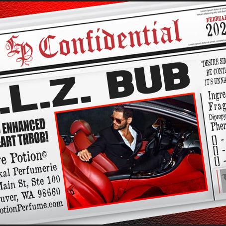 Image of Perfume Label featuring stylized newspaper headline with picture of a man. Feb 2021 Collection.