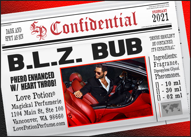 Image of Perfume Label featuring stylized newspaper headline with picture of a man. Feb 2021 Collection.