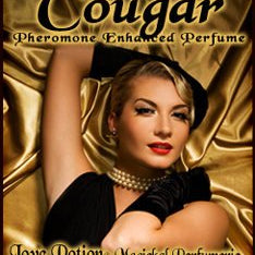 Love Potion Cougar clean perfume label featuring sexy woman on gold silk background.