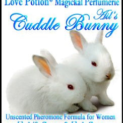 Love Potion Cuddle Bunny Pheromone label featuring 2 baby bunnies cuddling.