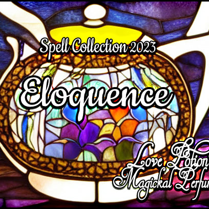 Eloquence magical herbal perfume with lavender, honey, ginger, amber, and more. Label shows a stained glass tea pot.