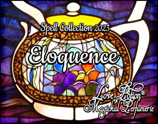 Eloquence magical herbal perfume with lavender, honey, ginger, amber, and more. Label shows a stained glass tea pot.