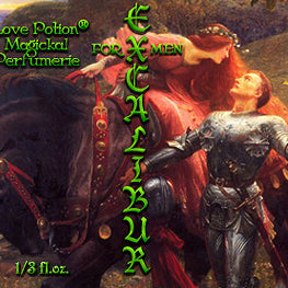 Love Potion perfume label featuring classical artwork of a beautiful damsel kissing a knight in armor.