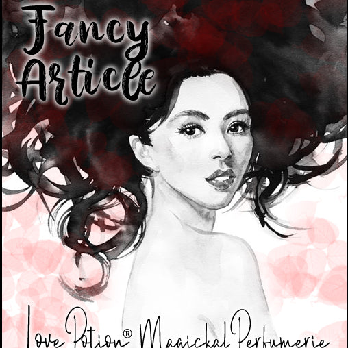 Image of perfume label featuring black watercolor ink portrait of a beautiful woman. Summer 2020 Collection.
