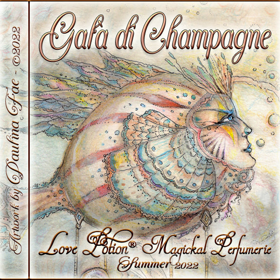 Image of perfume label featuring illustration by artist Paulina Fae of a hot air balloon that looks like a fish with a human face.