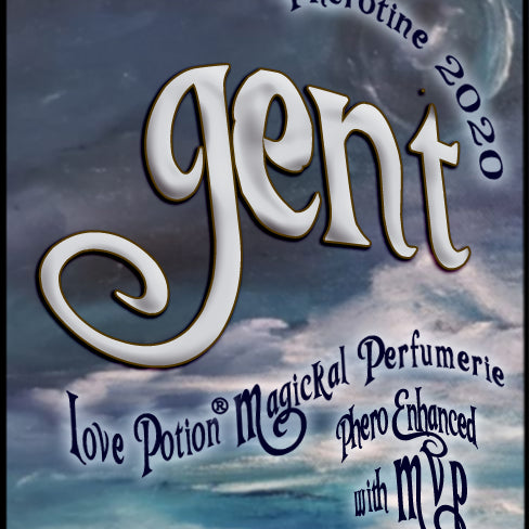 Image of perfume label featuring abstract finger paintings by Barbara McVey in greys and blues.